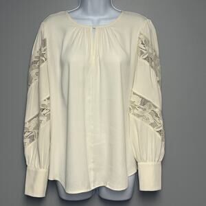 Ann Taylor Romantic Feminine Ivory Lace Bishop Sleeve Minimalist Blouse Sz M